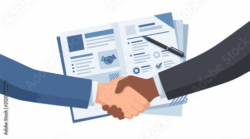 Business handshake over documents with pen and checkmarks
