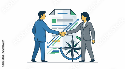Business handshake signifies agreement and progress with chart and compass
