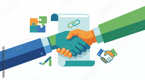 Business handshake with contract puzzle pieces and link icon