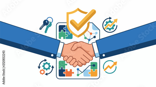 Business handshake with success symbols keys and gears
