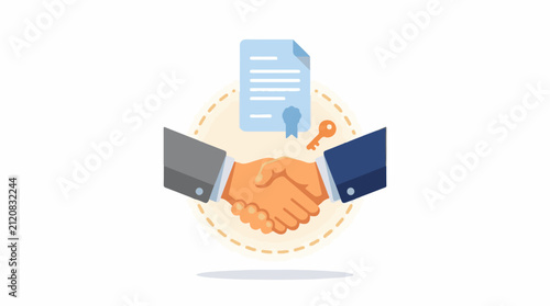 Business handshake with contract and key representing agreement
