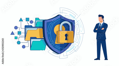 Business man guards digital files and secured data