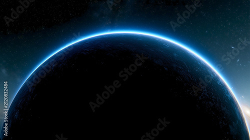 Ethereal glowing atmosphere curving over dark planet surface under starry sky with glowing atmospheric layer curving gracefully against backdrop countless stars