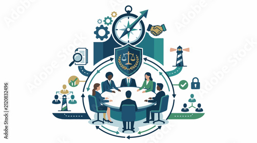 Business meeting with compass scale lighthouse and handshake