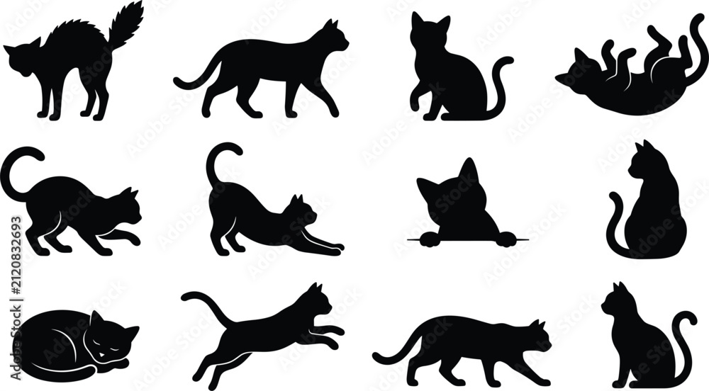 Obraz premium Black cat silhouette vector collection featuring sitting, walking, stretching, jumping, sleeping, rolling, playful poses, and elegant feline pet illustrations