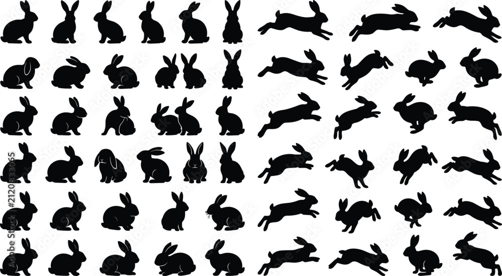 Fototapeta premium Black rabbit silhouette vector collection featuring sitting, running, jumping, crouching, resting, and playful bunny poses for Easter and animal designs