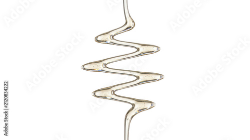Clear viscous liquid stream pouring on transparent background, forming abstract wavy shape.