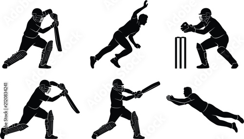 Obraz na płótnie Professional cricket players in action poses including batsman bowler wicketkeep