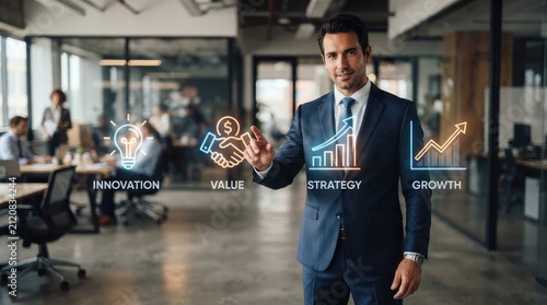 Professional presenting modern business concepts in office setting with growth strategy icons with growth through illuminated icons confident professional contemporary