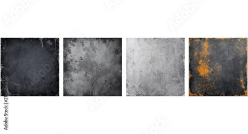 Grunge metal texture set, industrial rusted steel plates collection, weathered iron background surfaces with scratches and stains for graphic design