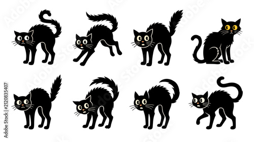 Collection of spooky black cats in various poses for halloween decorations and graphic design