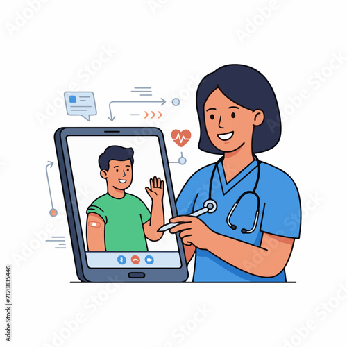 Nurse on video call with a patient who has a bandage