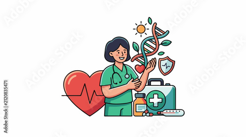 Nurse with medical symbols DNA heart sun shield kit