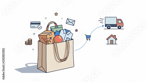 Online shopping bag with items credit card coins mail truck and house