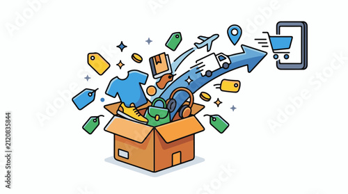 Online shopping box with products shipping and delivery icons