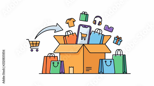 Online shopping box overflows with bags phone clothes gifts and headphones
