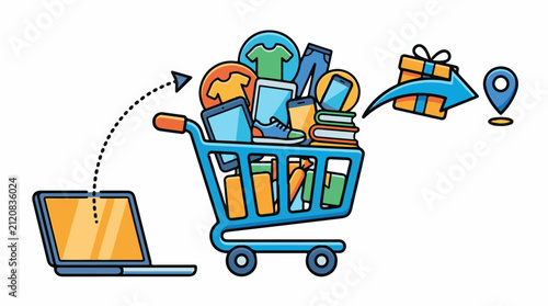Online shopping cart fills with diverse goods a gift ships to location