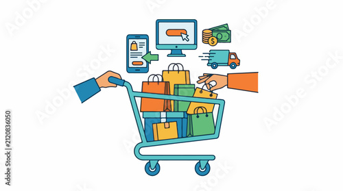 Online shopping cart overflowing with purchases delivery van and payment