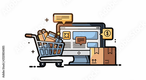 Online shopping cart with computer screen and delivery boxes