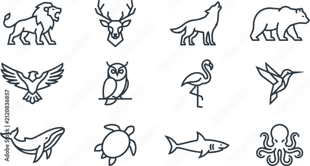 Obraz premium Wildlife Animal Outline Icon Set Featuring Lion Deer Wolf Bear Eagle Owl Flamingo Hummingbird Whale Turtle Shark and Octopus Vector Collection