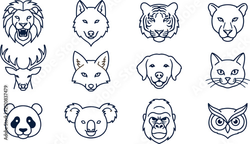 Photography Wild Animal Head Outline Icon Set Featuring Lion Tiger Wolf Deer Fox Panda Goril