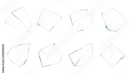 Broken glass shards collection on white background, sharp transparent glass fragments set, shattered window pieces for composite design