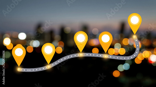 Location navigation route journey path map direction city night blur glowing location navigation route journey path map direction city night blur concept illustrate modern travel planning with