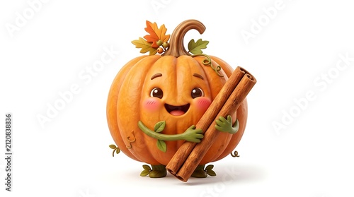 Charming Cartoon Pumpkin with Cinnamon Sticks, Autumn Theme, White Background