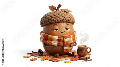 Cute Acorn Character with Scarf and Hot Drink, Autumn Season Concept