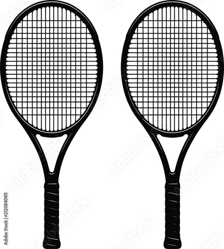 Tennis racket silhouette set featuring pair of detailed sports gear with strings and handle grip vector illustration