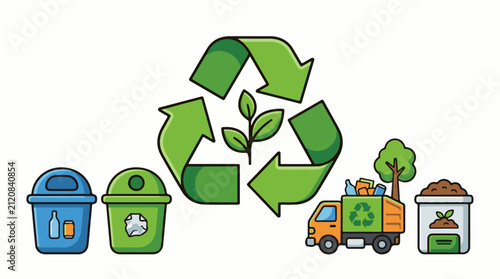 Recycling icons bins truck plant and compost container