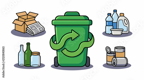 Recycling icons paper plastic glass and metal waste