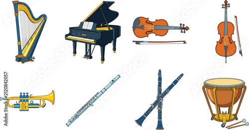 Foto Colorful Vector Illustration of Diverse Orchestral Musical Instruments Collectio
