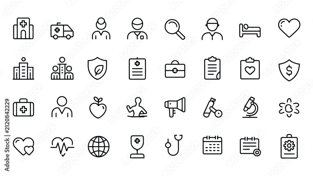 Fototapeta premium Medical Healthcare and Life Insurance Line Icon Set vector. Hospital, shield, first aid kit, stethoscope, medical protection, health security, and healthcare service symbols for modern design.