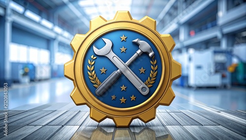 Labour Day metallic badge with tools in factory.
