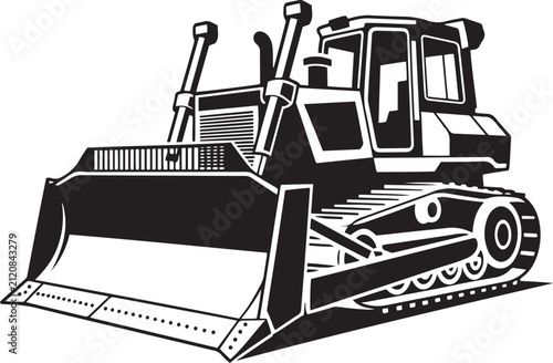 Heavy Industrial Bulldozer Construction Vehicle Three Quarter View Silhouette Illustration in High Contrast Black and White Ink Style
