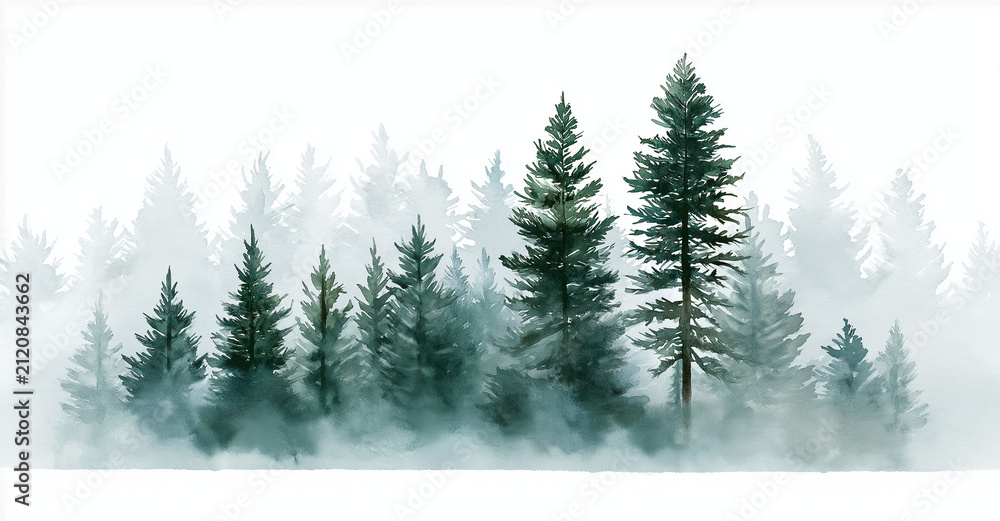 Fototapeta premium a simple and delicate watercolor painting of a pine forest