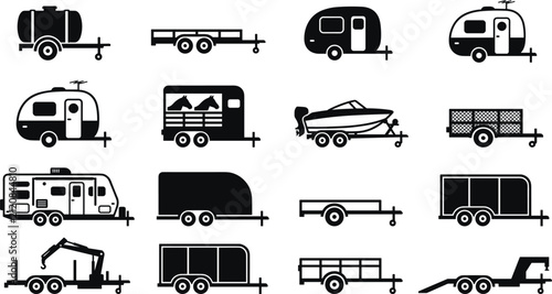 Vehicle trailers icon collection featuring camper vans horse trailers boat carriers cargo flatbeds and utility hauling equipment