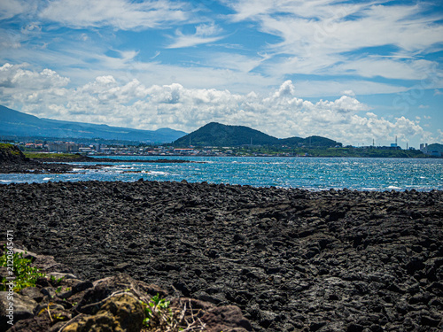 Coastal Walkway and Basalt Shore near Mungae Hangari in Jocheon, Jeju Island, South Korea