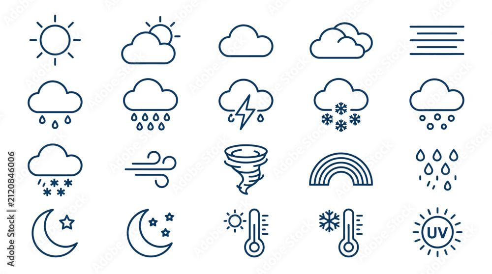 Fototapeta premium Weather icons display a meteorological set of symbols for forecasting atmospheric conditions.