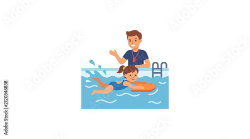 Swim instructor teaching girl with kickboard in pool.