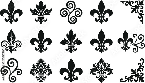 Vintage fleur de lis black silhouette icon collection featuring elegant heraldic lily symbols and damask corner ornaments vector