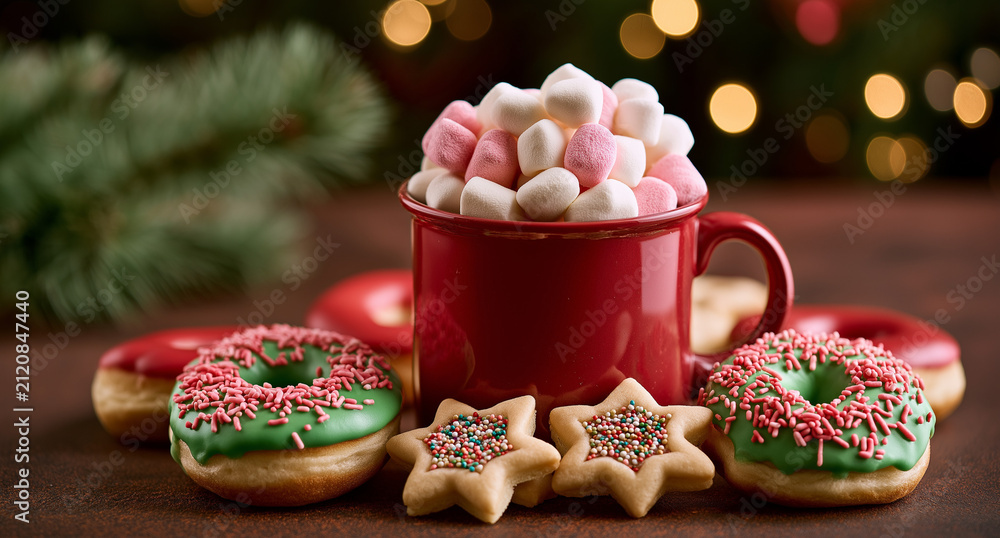Naklejka premium an eye level close up of a red mug overflowing with fluffy marshmallows