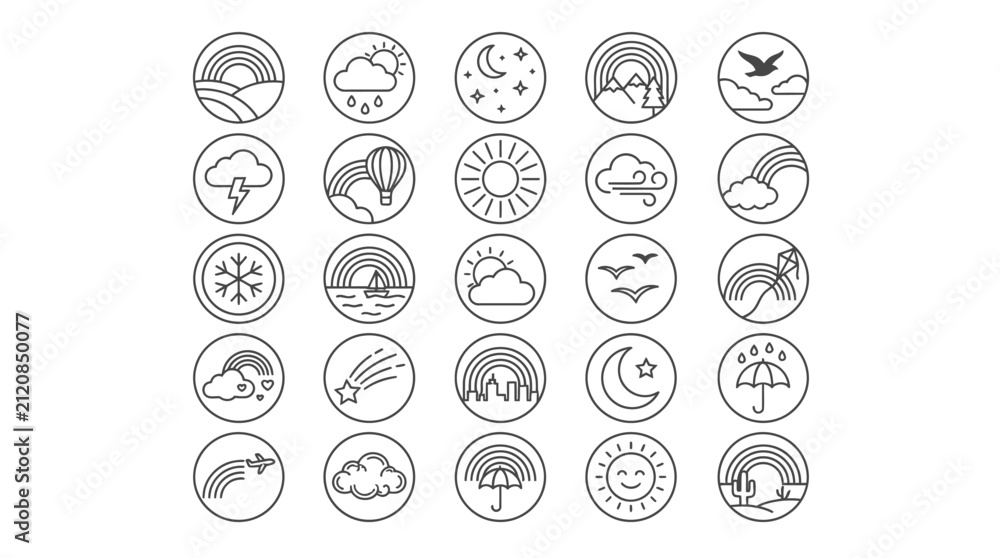 Naklejka premium Weather symbols organized in circular frames illustrate various meteorological conditions.