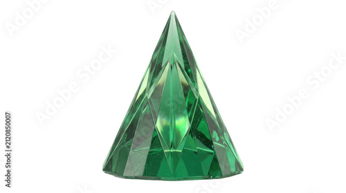A faceted green crystal pyramid reflecting light in a minimalist studio shot, showcasing a sharp geometric shape against a white background.