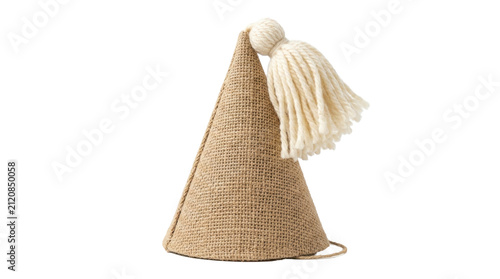 A rustic burlap party hat with a cream yarn tassel, captured in a clean studio shot with a minimalist aesthetic on a white background.
