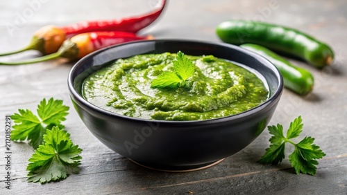 Mint coriander green chili chutney in a black ceramic bowl sits atop a crisp white surface radiant beauty