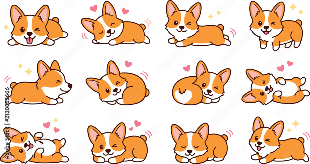 Fototapeta premium Cute corgi puppy cartoon vector collection featuring sleeping, resting, rolling, playful poses, happy expressions, hearts, and adorable pet character illustrations