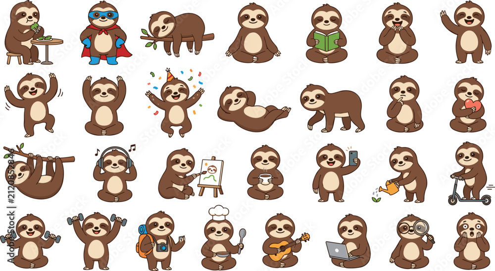 Fototapeta premium Cute Cartoon Sloth Character Vector Icon Bundle Featuring Various Activities Sleeping Reading Exercising Cooking and Painting for Sticker Designs
