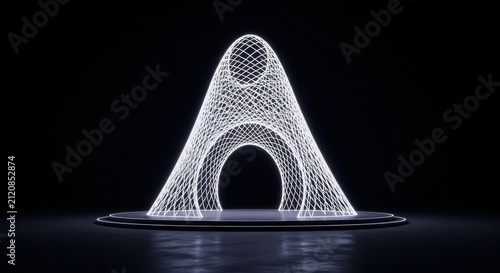 Abstract white glowing wireframe lattice structure shaped like a parabolic arch on a circular reflective podium platform against a dark black minimalist background.